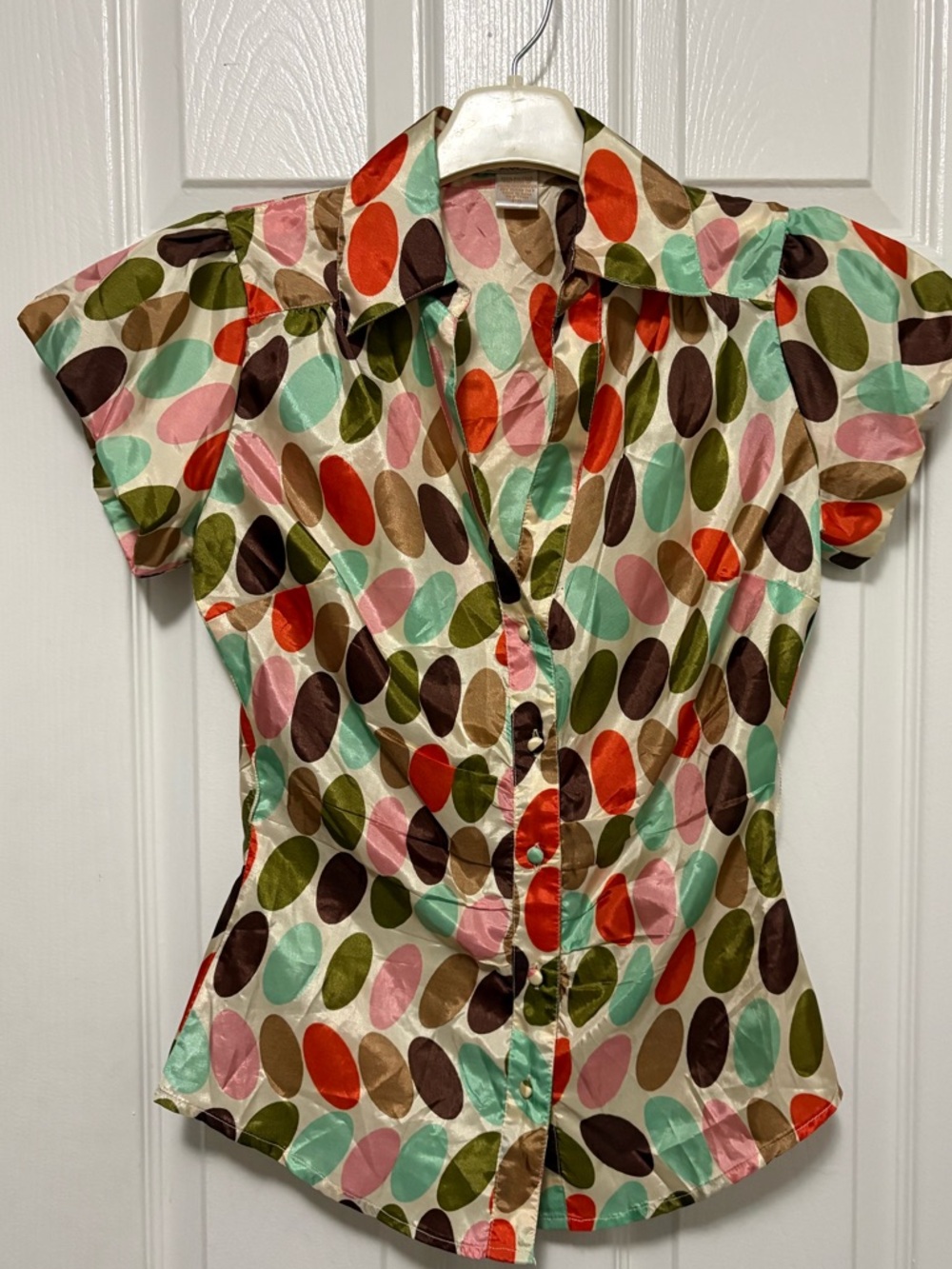 *Zoe B Cream Multicolor Polka Dot 100% Silk Size Petite Small Button Up Blouse